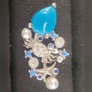 Pure Turquoise Teardrop Crab & Pearl Sterling Silver Pendant